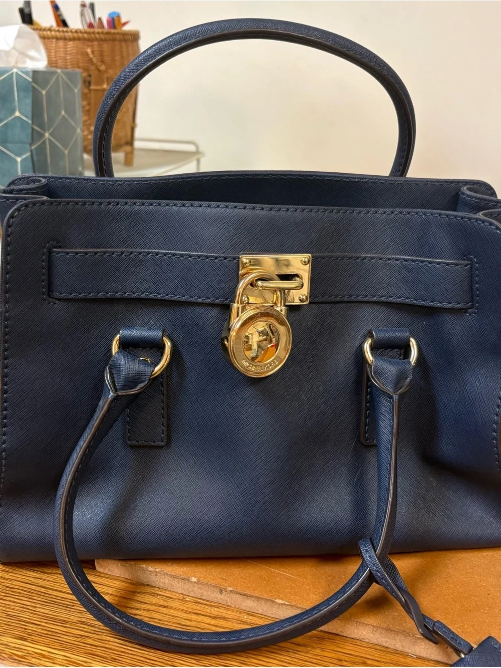 Classic Navy Satchel with Gold Lock Hardware